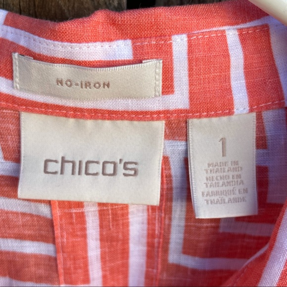 Chicos Linen Shirt 1 No Iron Orange White 3/4 Sleeve - Picture 3 of 7